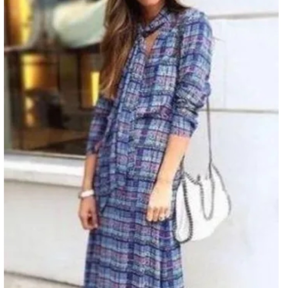 BCBG MaxAzria Dress size 2 Alicha Blue Plaid Neck Tie Long Sleeve Max